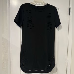 SHEIN little black mini dress with cutout distressed details.